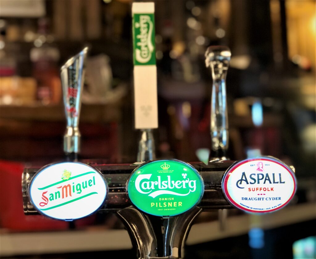 San miguel, Carlsberg and Aspall Cyder at the Queens Head Harston Cambridgeshire